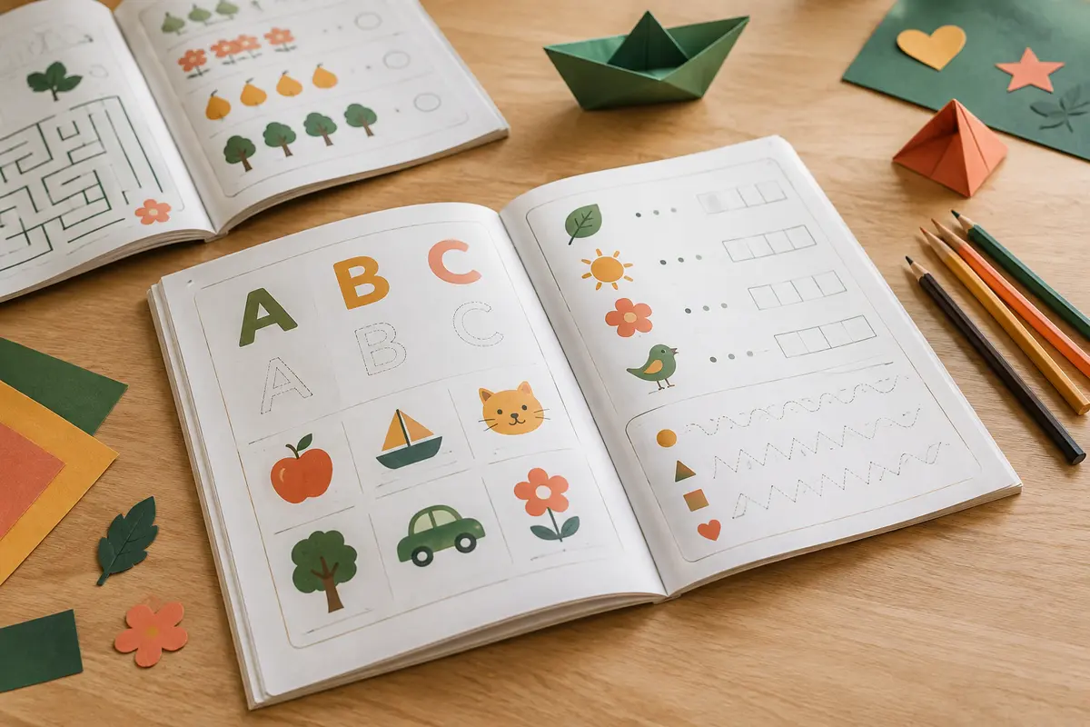 Cahiers d’activités ouverts avec lettres, mots, nombres et crayons