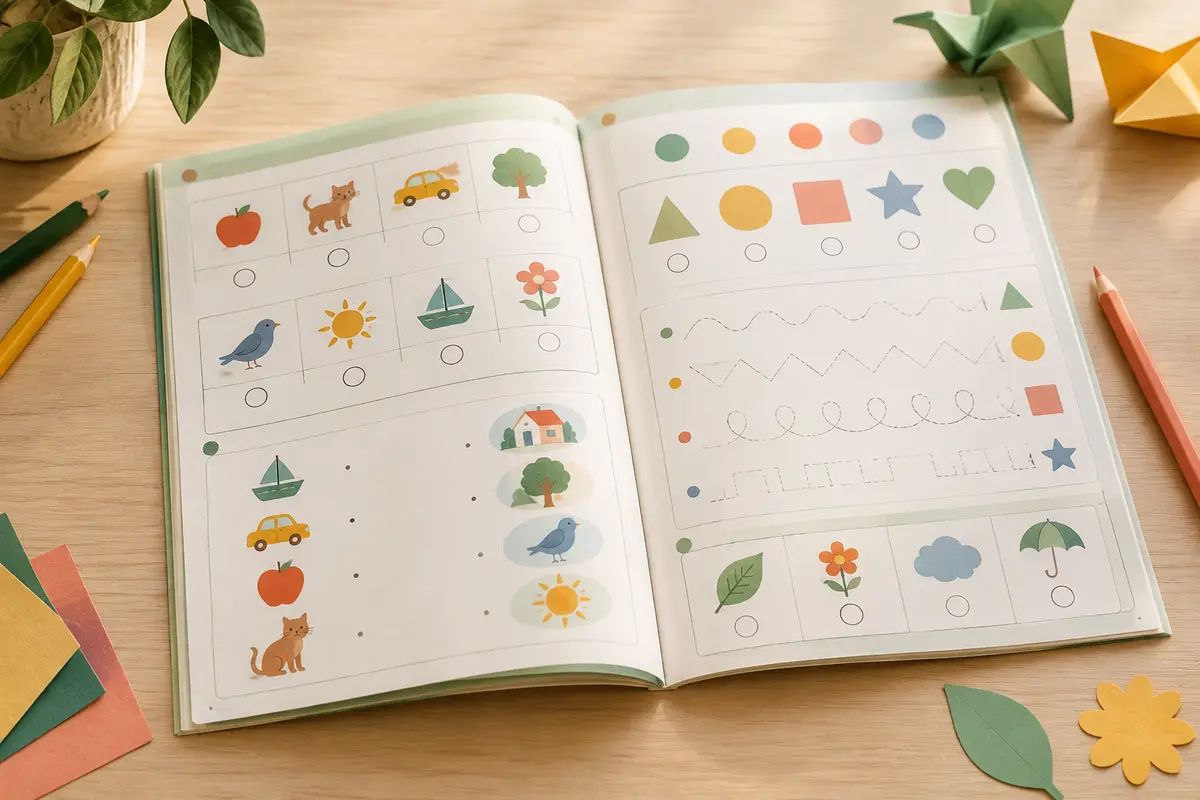 Cahier d’anglais ouvert sur des exercices illustrés avec un crayon