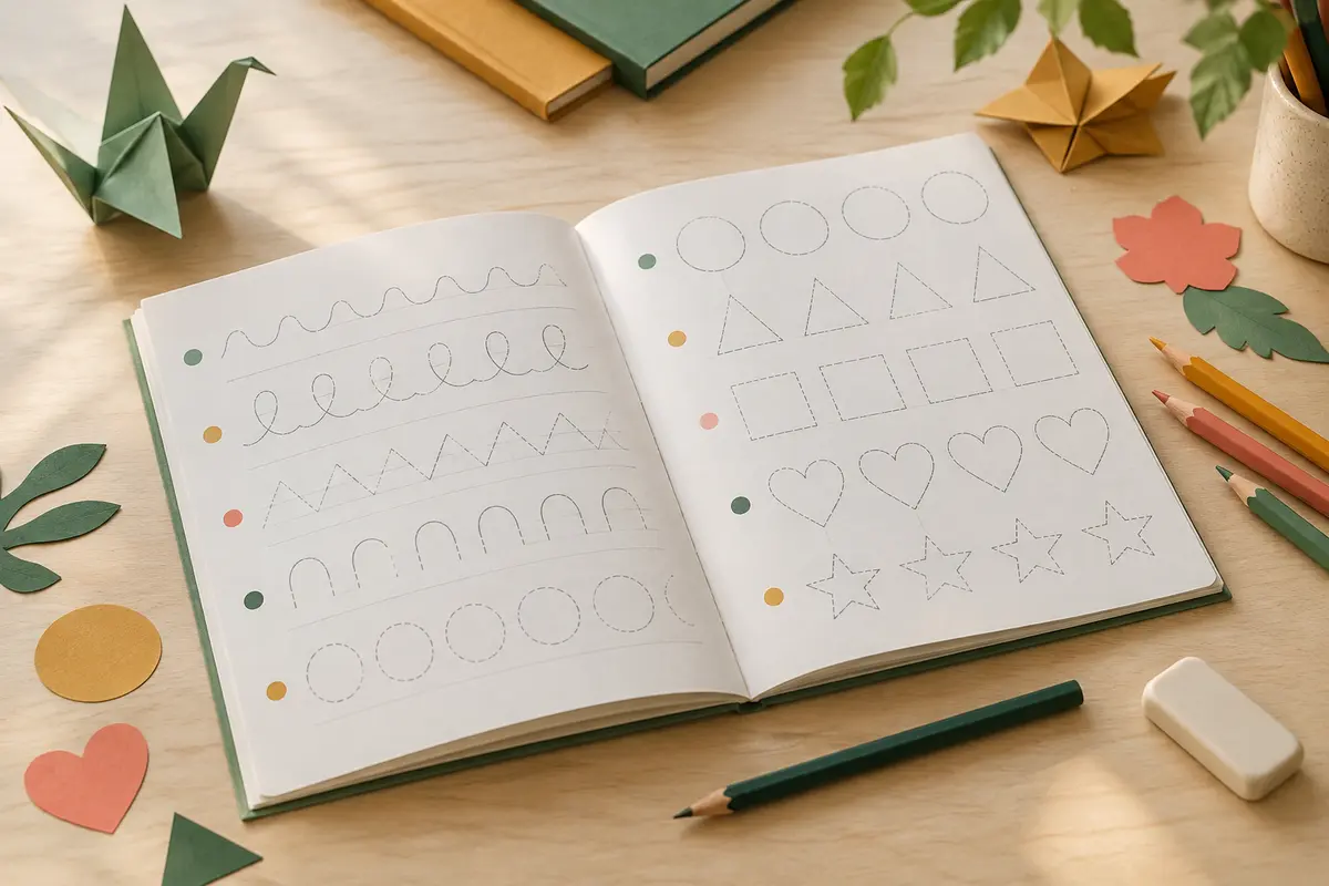Cahier d’écriture ouvert avec lignes de tracés et crayon graphite