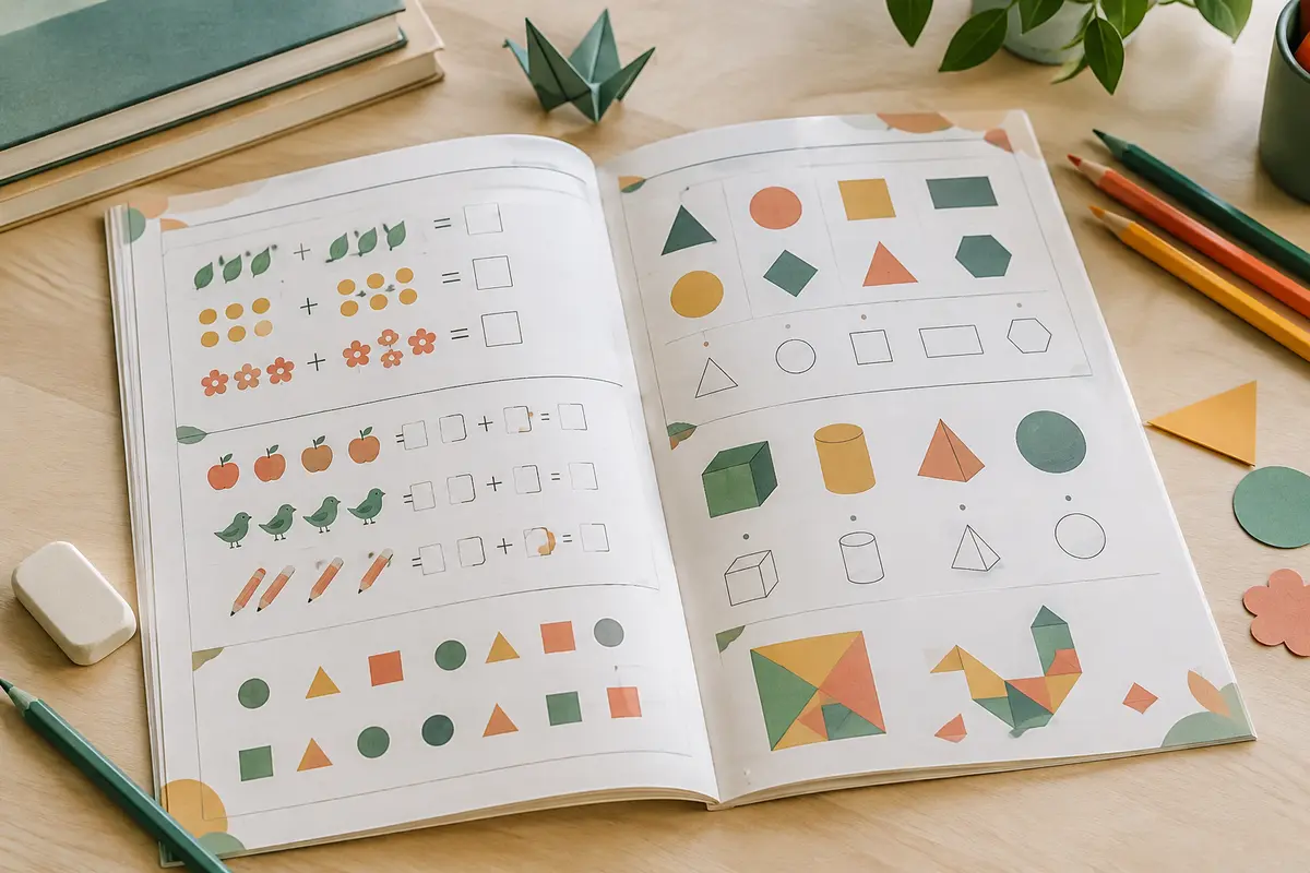 Cahier de mathématiques ouvert sur des nombres et des exercices illustrés