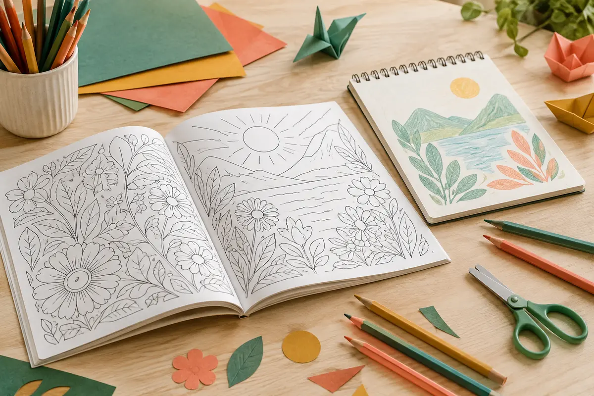 Livres de dessin ouverts avec crayons, papiers colorés et ciseaux
