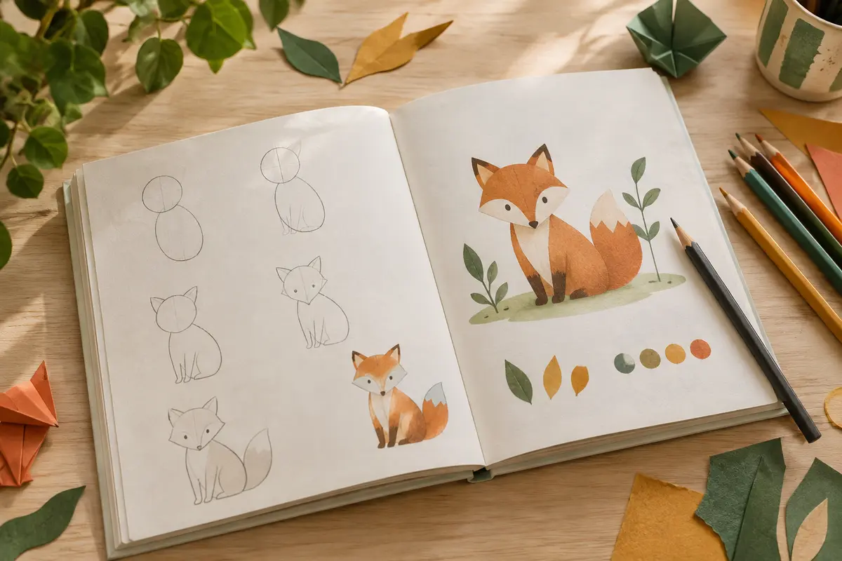 Livre ouvert présentant les étapes illustrées d’un dessin à reproduire