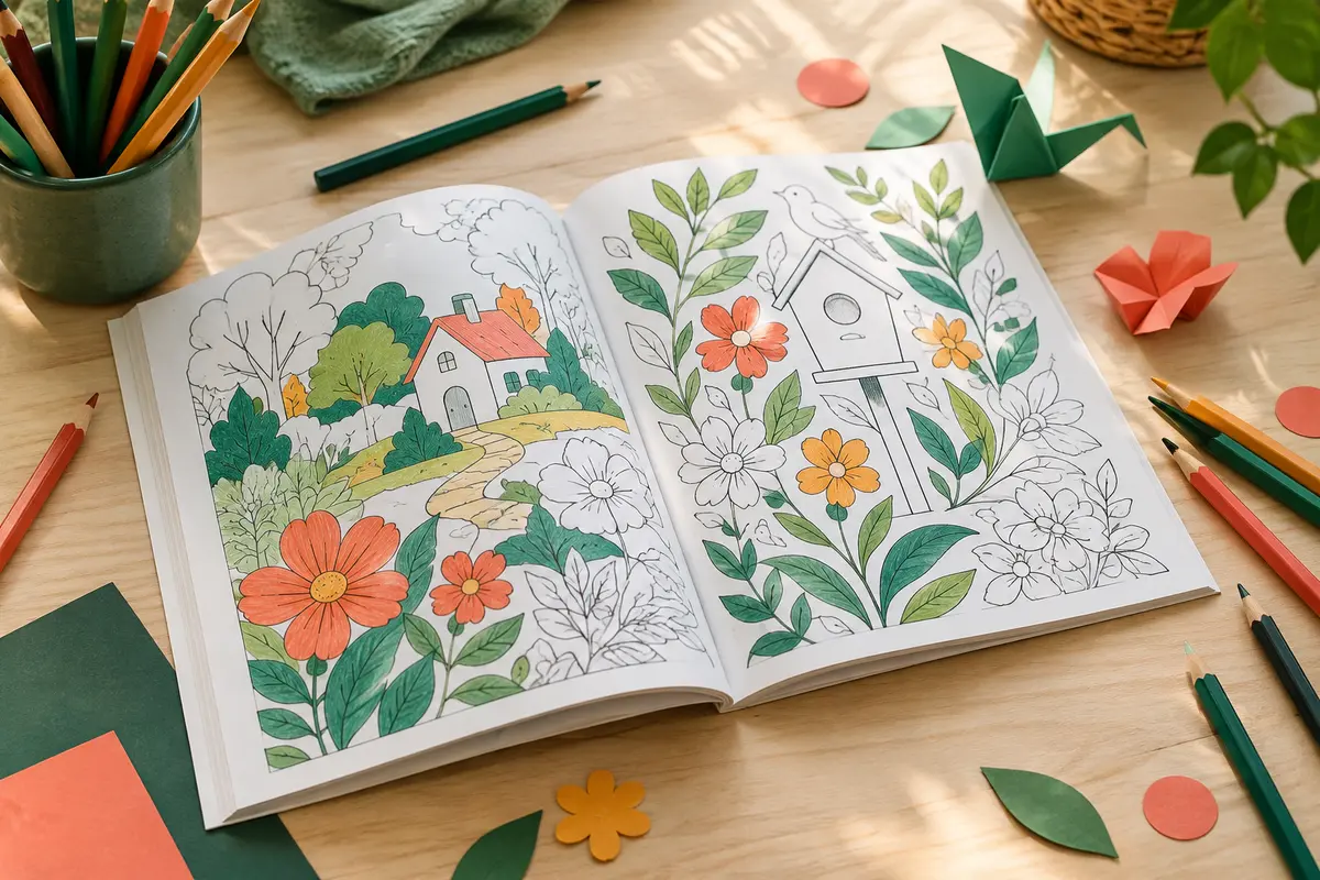 Livre de coloriage ouvert avec illustrations et crayons de couleur