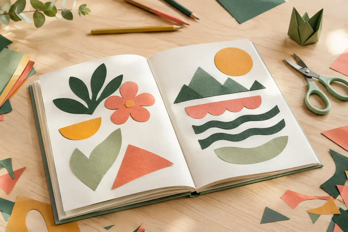 Livre de collage ouvert avec formes découpées, papiers colorés et ciseaux