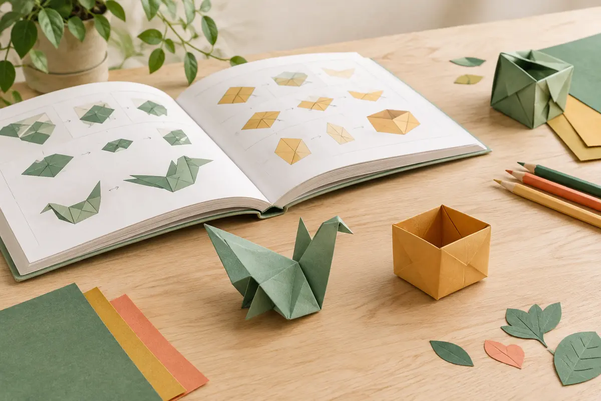 Livre d’origami ouvert à côté de formes pliées en papier coloré