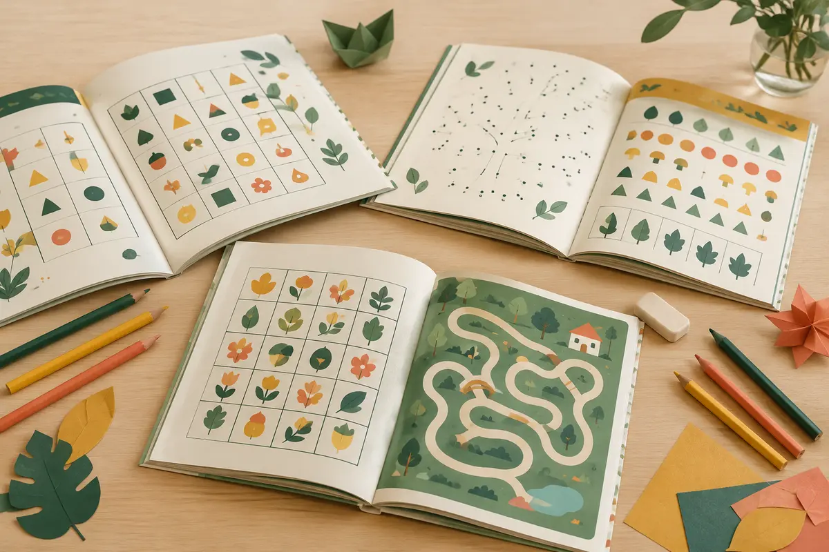 Livres de jeux papier ouverts avec grilles, chemins et crayons de couleur