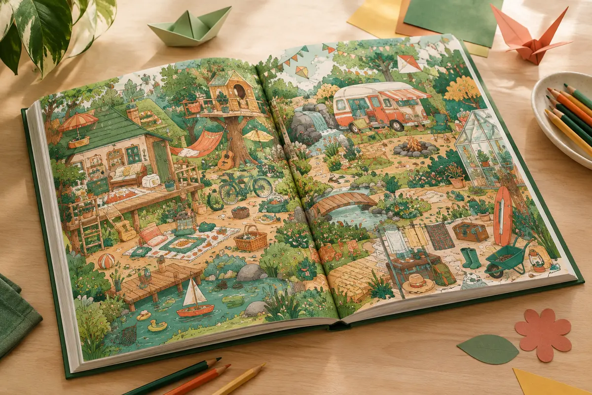 Livre cherche et trouve ouvert sur une scène illustrée riche en détails