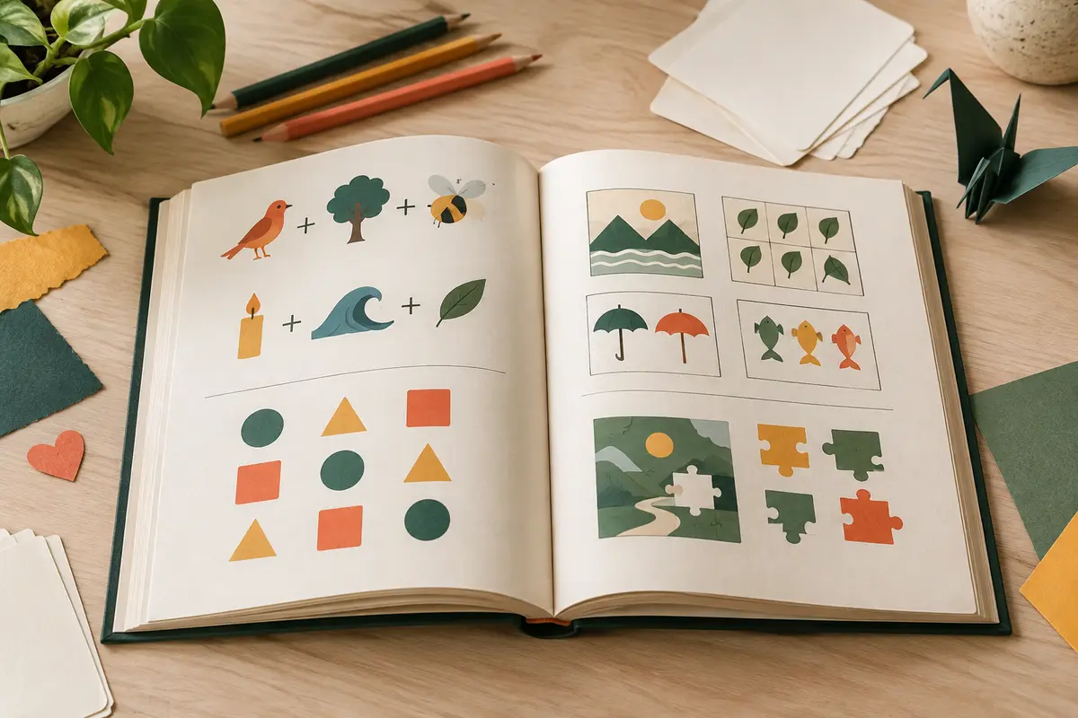 Recueil d’énigmes ouvert avec petits rébus illustrés et crayon