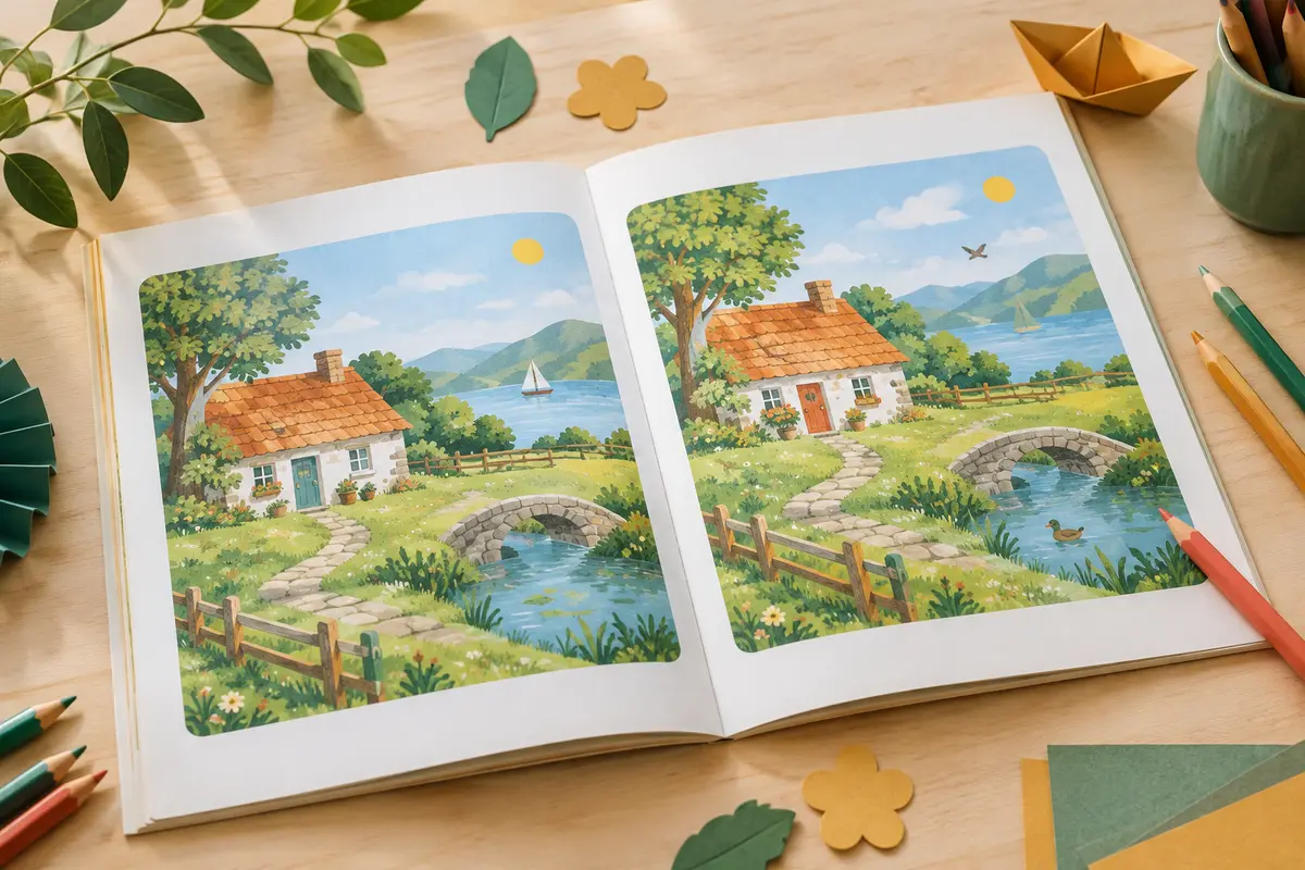 Deux illustrations à comparer dans un livre ouvert de jeux des différences