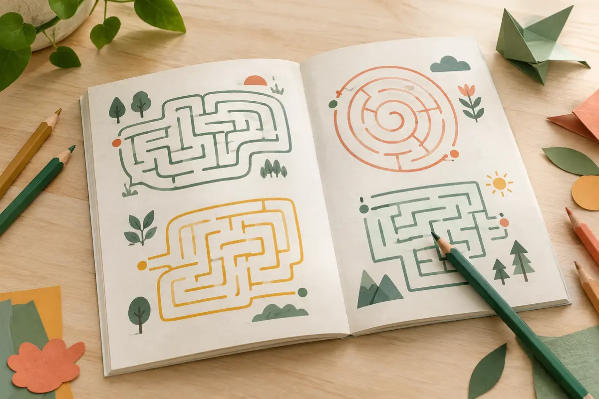 Cahier ouvert présentant des labyrinthes et des crayons de couleur sur une table