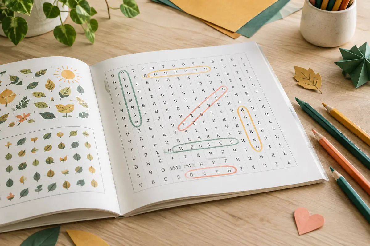 Livre ouvert de mots mêlés avec grille de lettres et crayons colorés