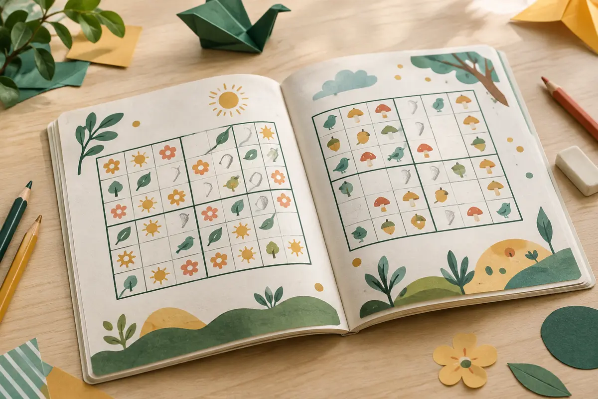 Livre de sudoku ouvert avec grilles et crayon posé sur une table claire