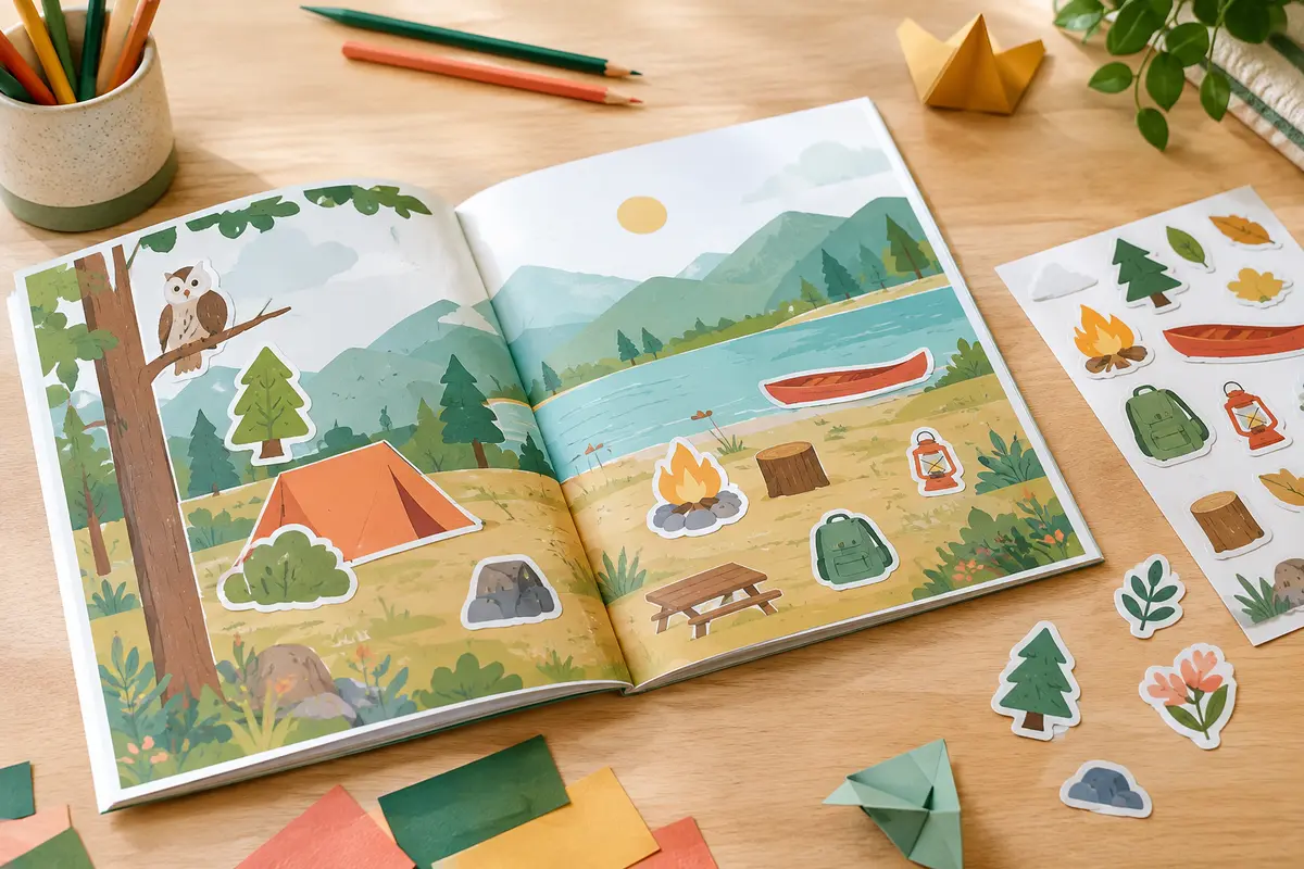 Livre d’activités ouvert avec autocollants à placer dans une scène illustrée