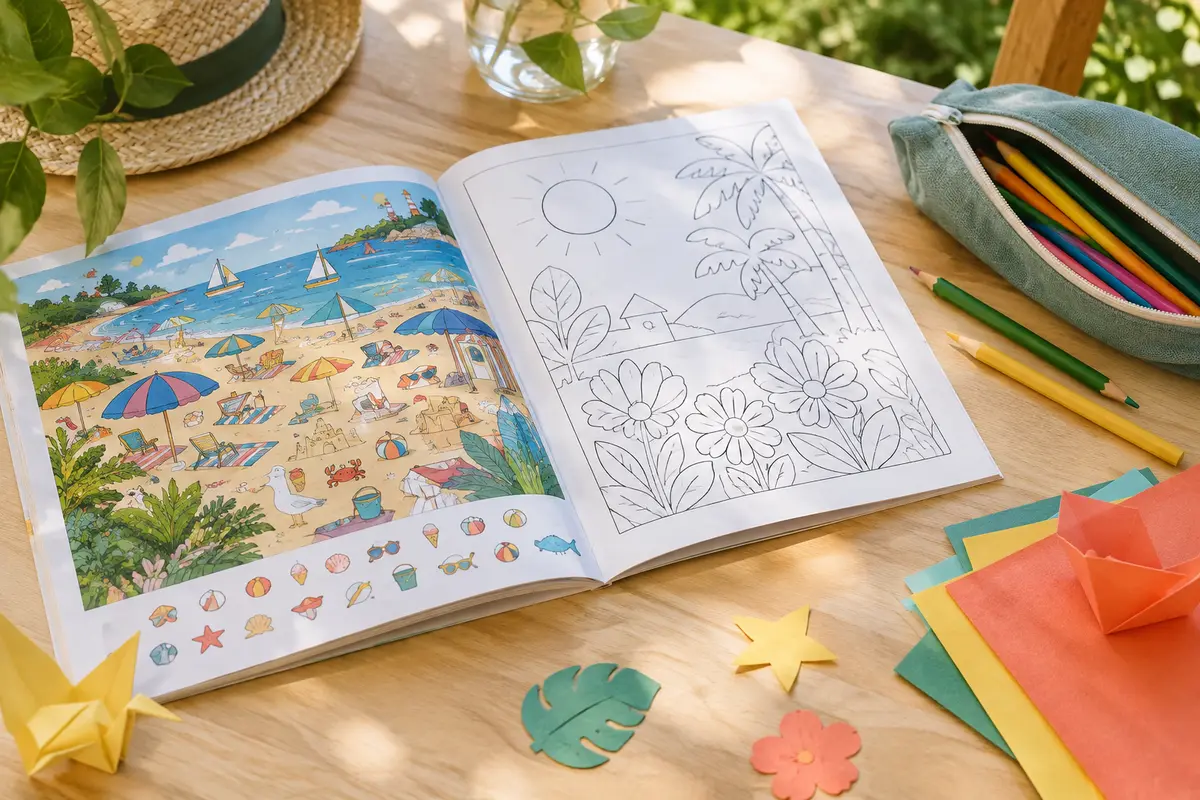 Cahier de jeux, coloriage et crayons réunis pour proposer des activités papier en vacances