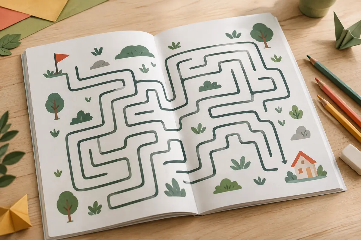 Cahier de labyrinthes ouvert avec un crayon posé à côté d’un parcours encore vierge