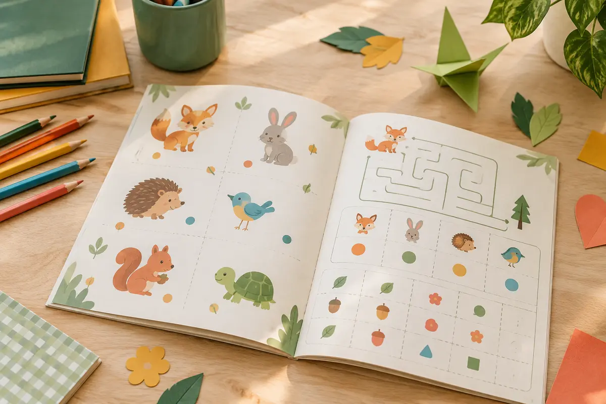 Cahier d’activités illustré avec des animaux et des crayons de couleur pour découvrir l’anglais en jouant