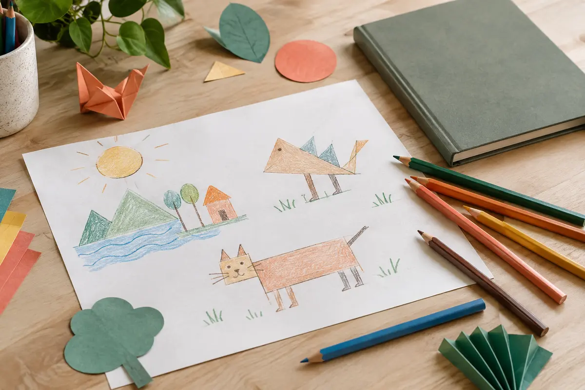 Feuille de dessin avec formes simples, crayons de couleur et livre posé sur une table lumineuse