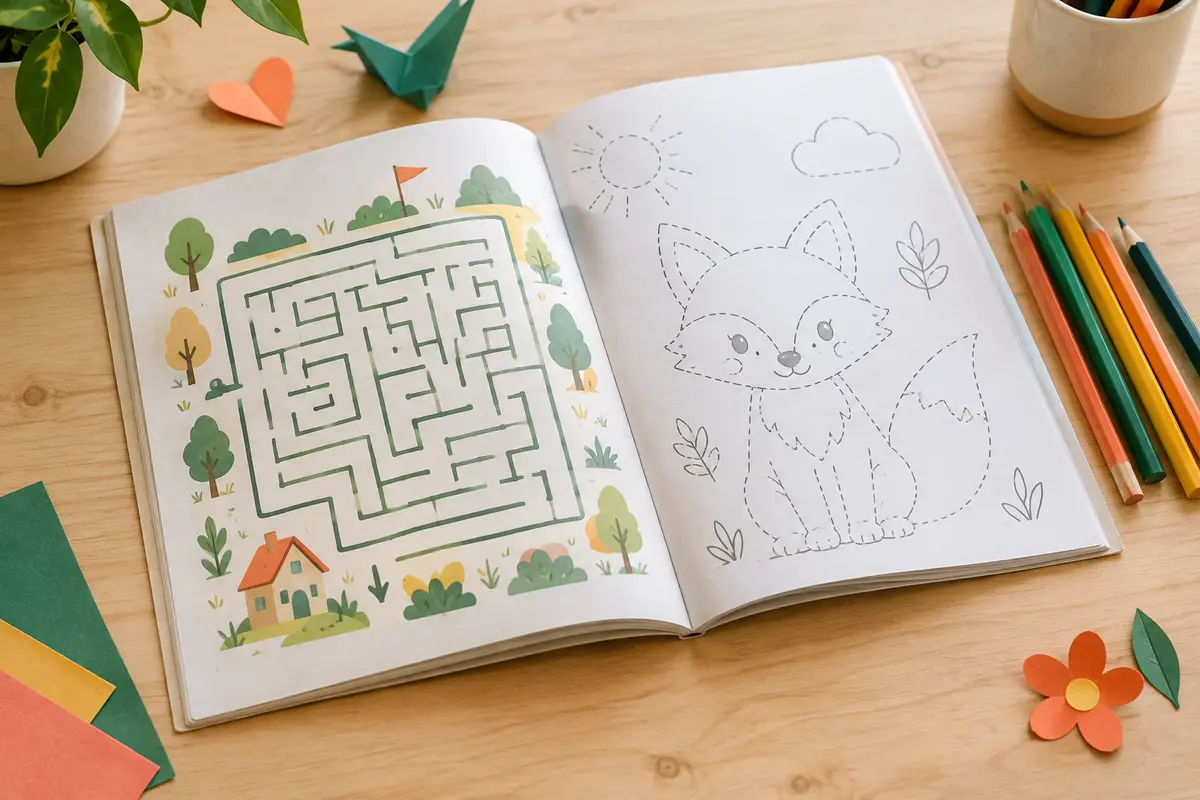 Livre d’activités ouvert près de crayons, avec une page de jeu et un dessin guidé.