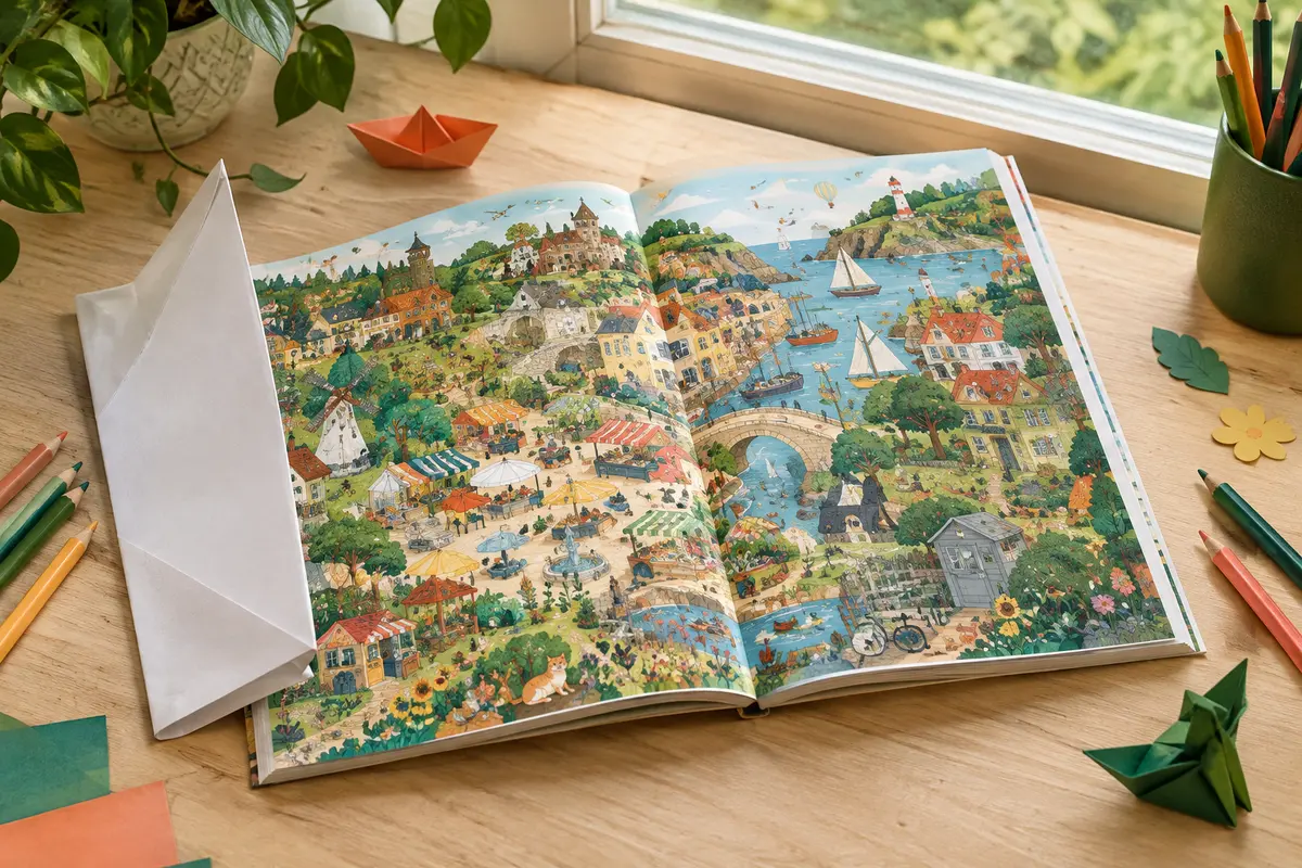 Livre de cherche et trouve ouvert sur une illustration détaillée, avec des crayons et une feuille blanche à côté.