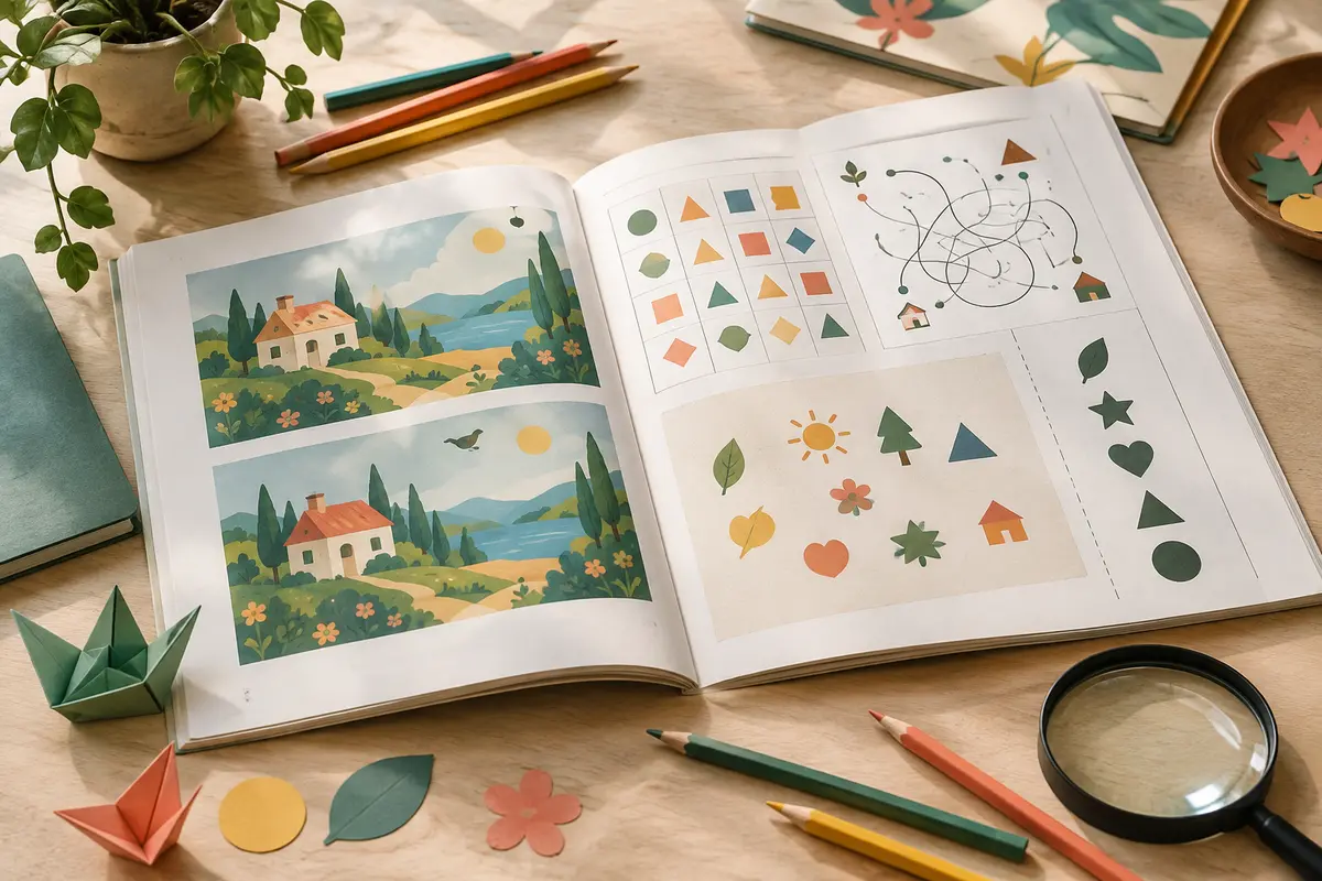Livre d’énigmes ouvert avec des crayons et une loupe, prêt pour une activité papier à deux.