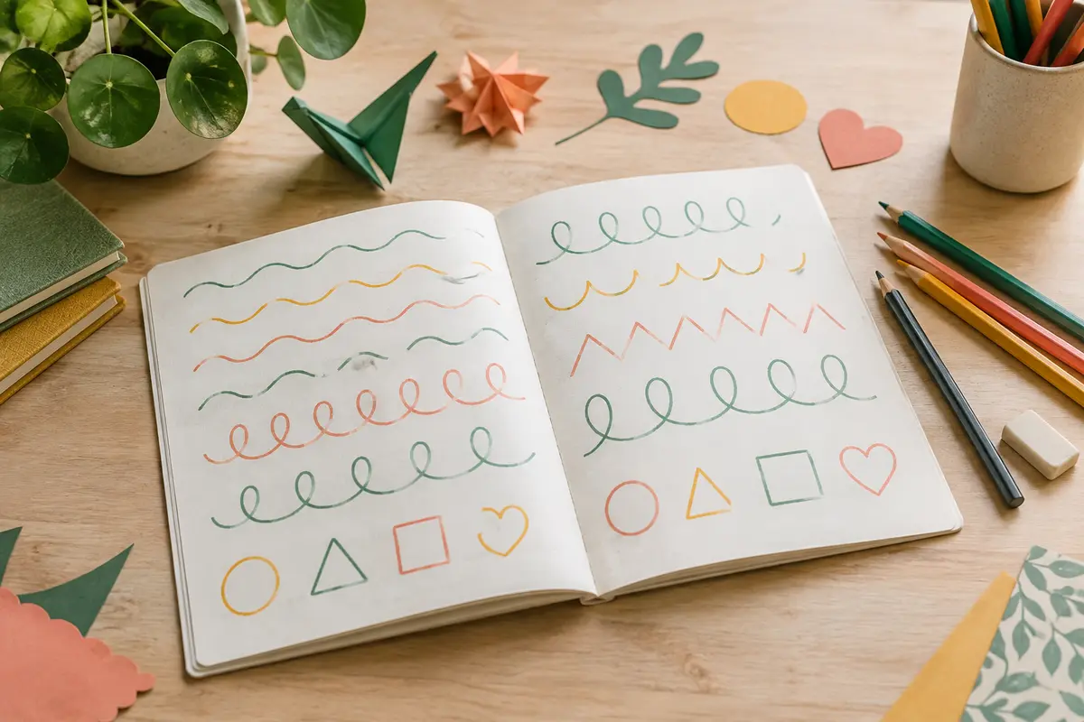 Cahier ouvert avec des tracés simples, des boucles et des crayons posés sur une table claire.