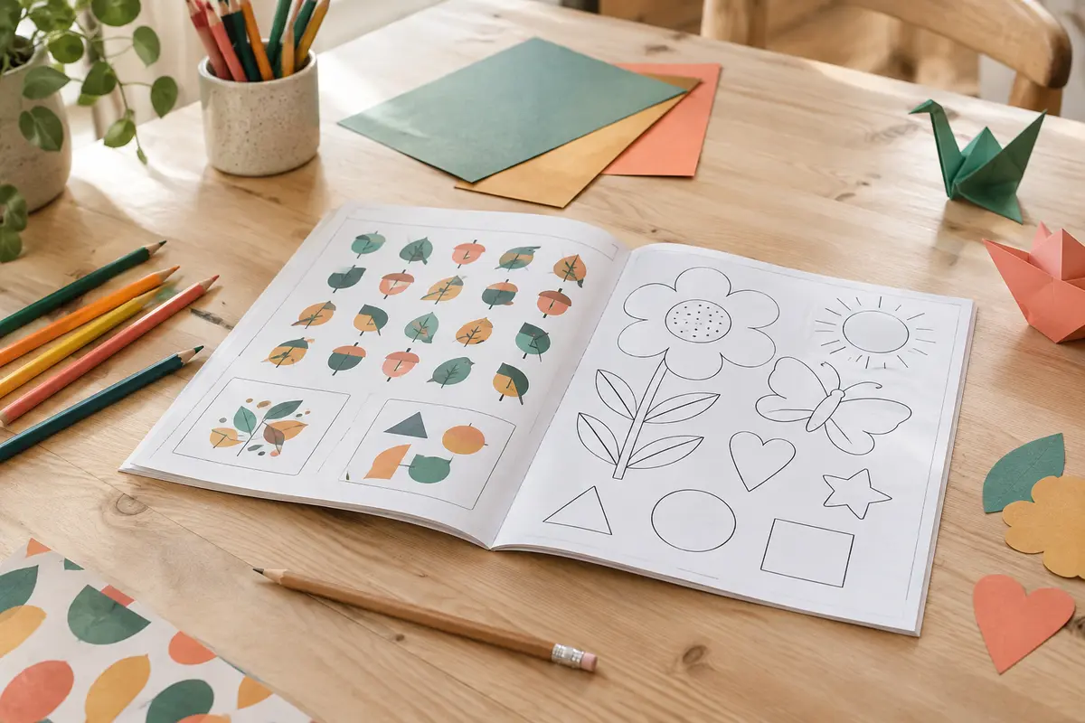 Cahier d’activités ouvert avec crayons de couleur, prêt pour un moment calme à la maison