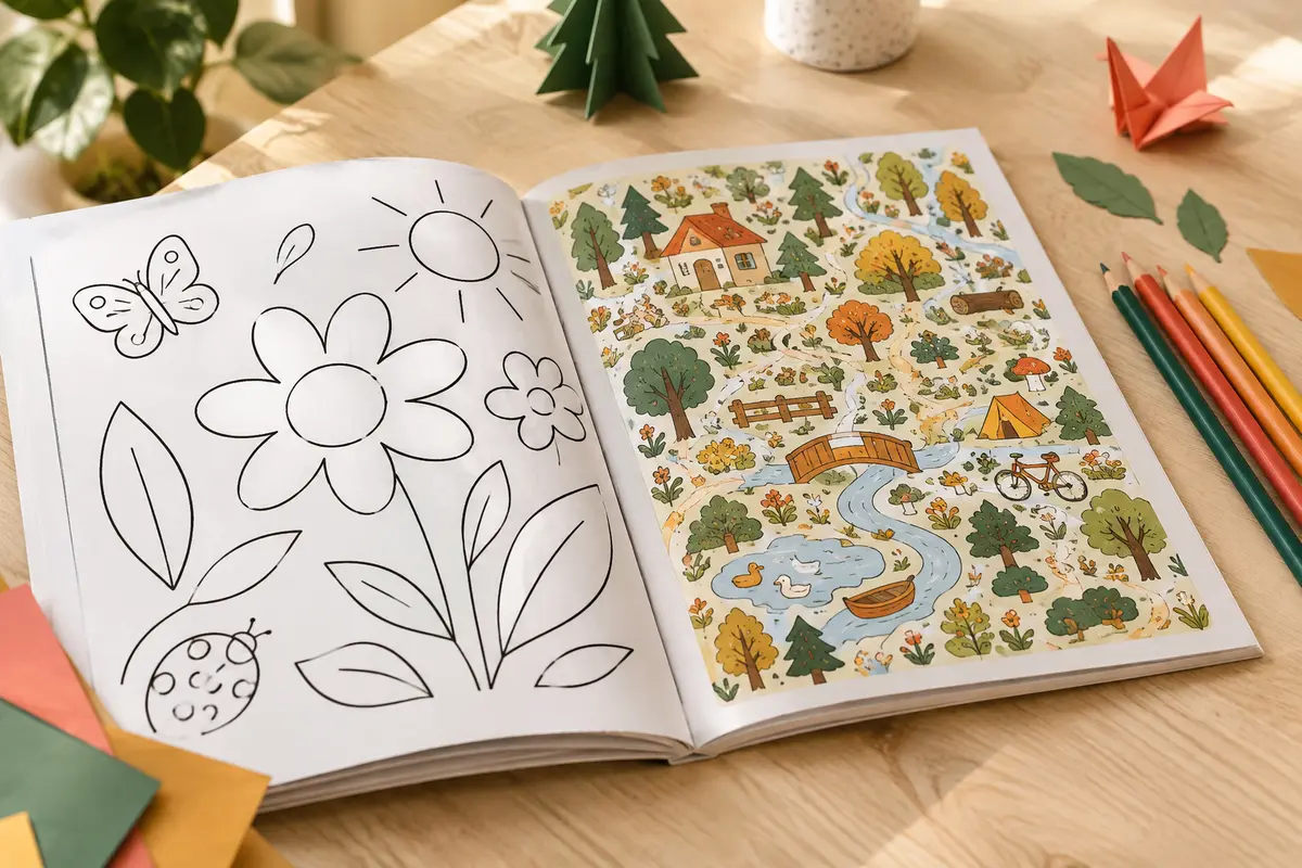Livre d’activités ouvert avec des pages de jeux illustrées et des crayons de couleur posés à côté