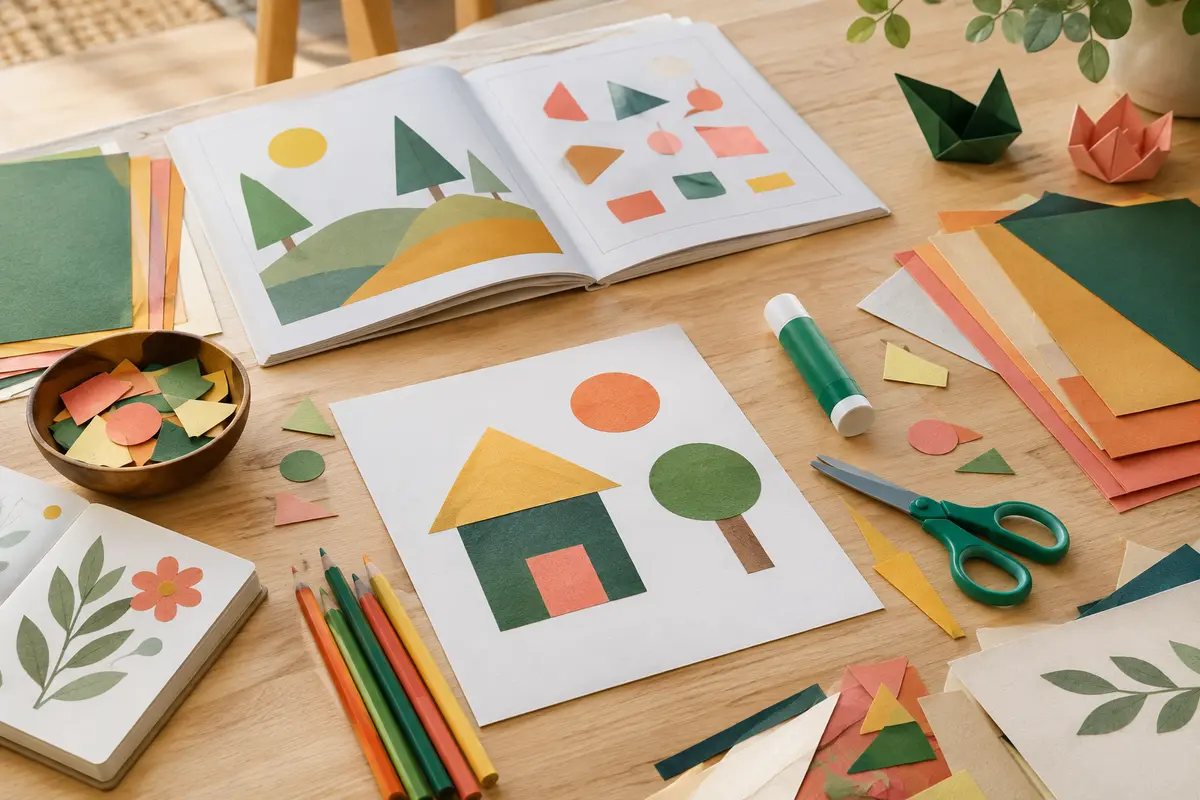 Papiers de différentes épaisseurs, formes découpées, ciseaux à bouts ronds et colle sur une table