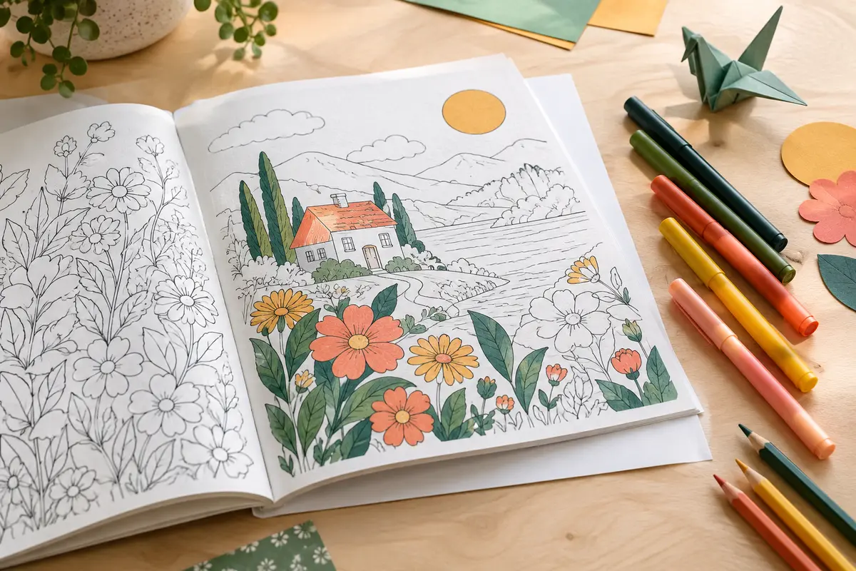 Livre de coloriage ouvert avec des feutres et une feuille de protection glissée sous la page.