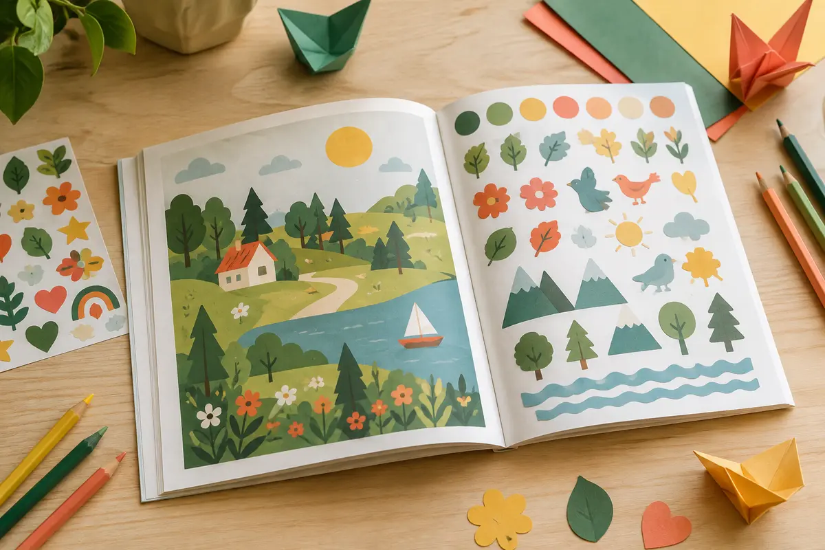 Livre d’activités ouvert avec des autocollants colorés et leur support posés sur une table claire