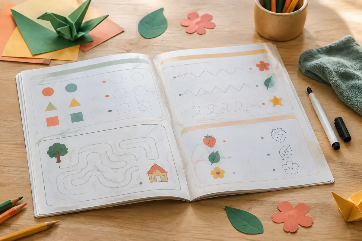 Cahier d’activités effaçable ouvert près d’un chiffon doux et d’un feutre rangé avec son capuchon