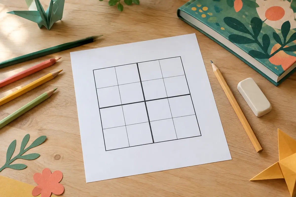 Grille de sudoku vide de seize cases, partagée en quatre blocs par des traits épais, avec un crayon et une gomme sur une table en bois clair