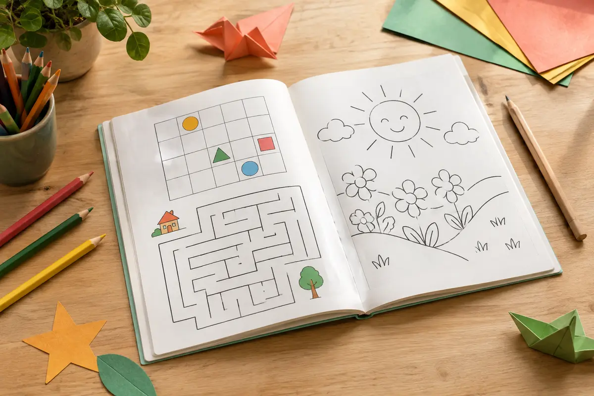 Livre d’activités ouvert sur une table avec des jeux papier, un dessin et quelques crayons de couleur.