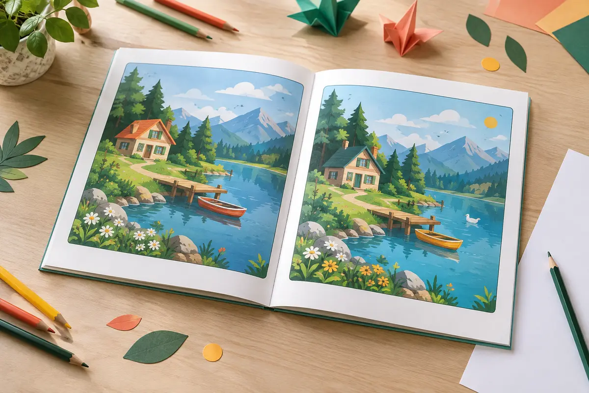 Cahier ouvert sur deux illustrations presque identiques, avec un crayon posé à côté pour comparer les détails.