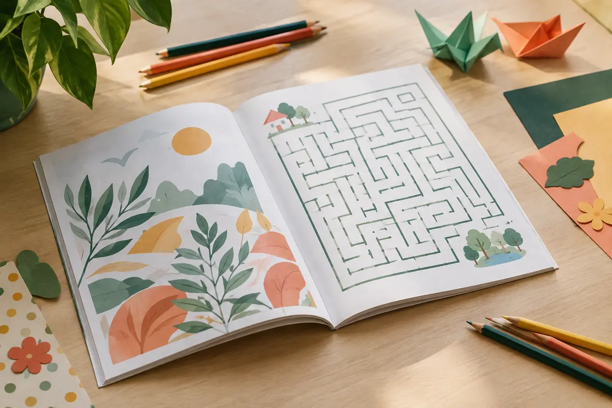 Livre d’activités ouvert sur un labyrinthe, posé sur la banquette arrière d’une voiture à l’arrêt.