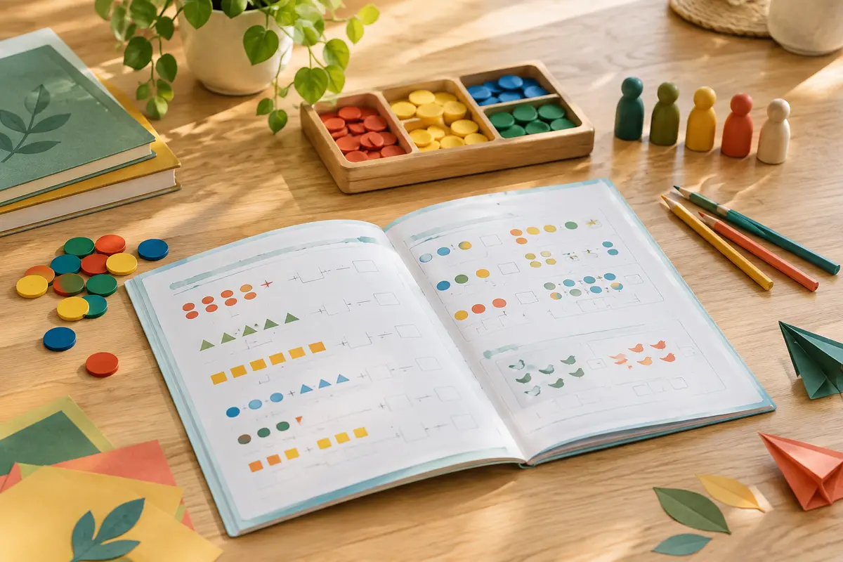 Cahier de calcul ouvert accompagné de jetons et de crayons sur une table lumineuse