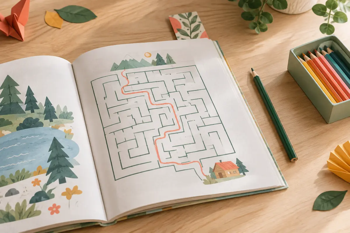 Livre d’activités ouvert sur un labyrinthe commencé, avec un crayon et un marque-page.