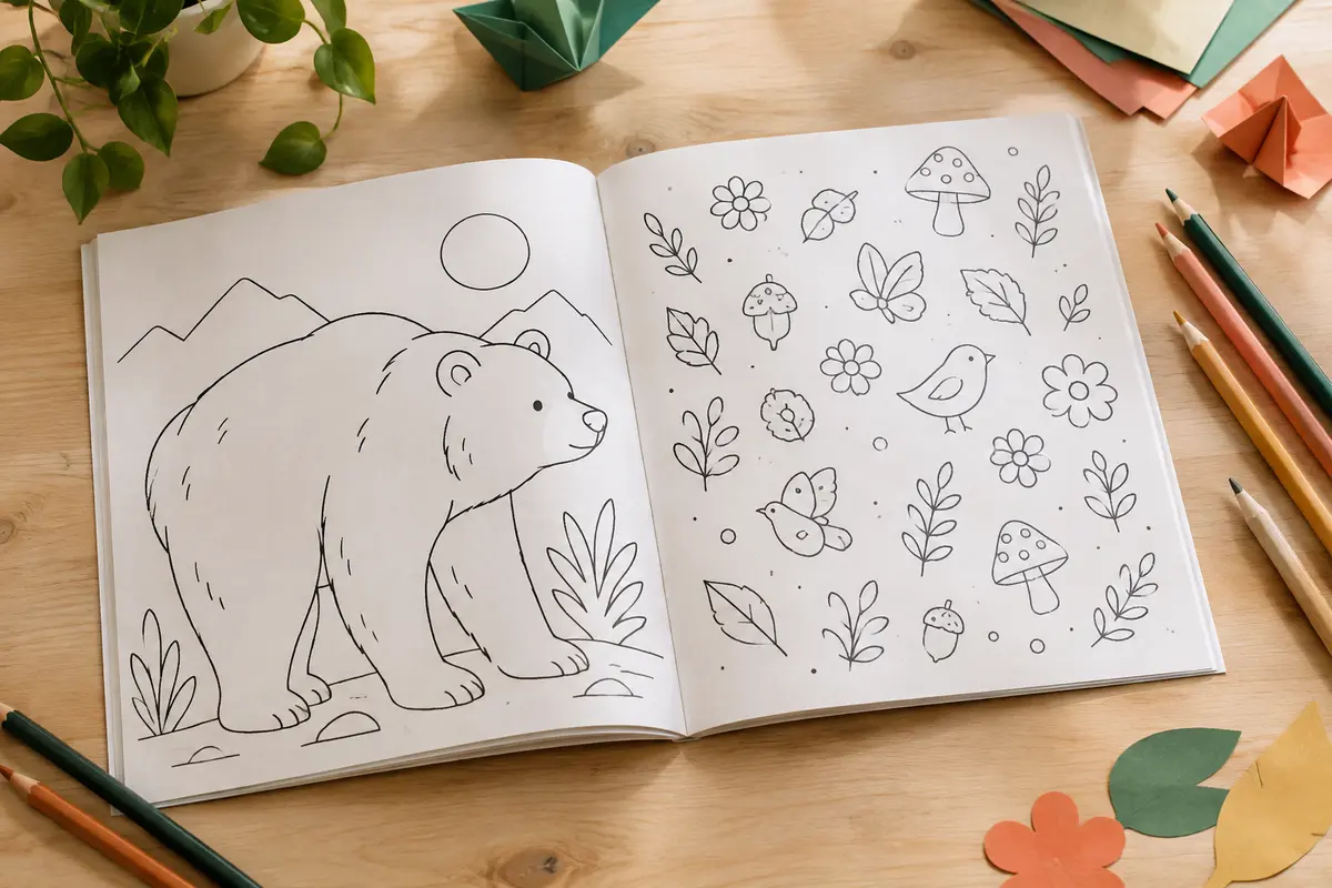 Livre ouvert comparant une page de coloriage aux grandes zones à une illustration plus détaillée