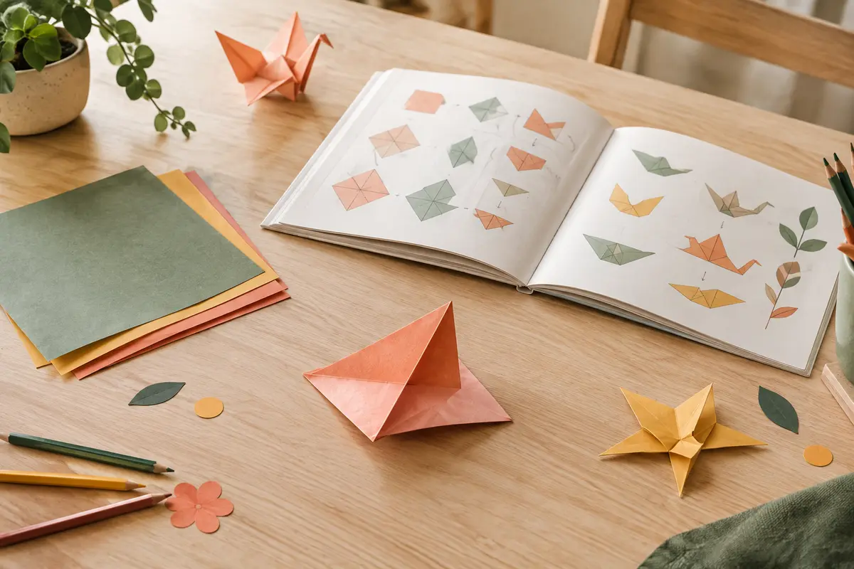 Feuilles carrées colorées et pliage simple posés à côté d’un livre d’origami ouvert