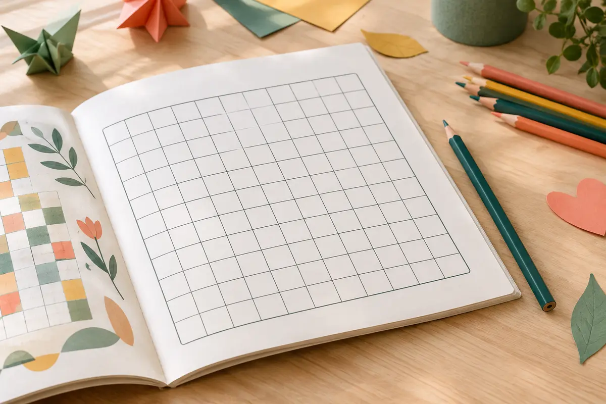Cahier ouvert sur une grille de mots mêlés aérée, avec un crayon posé sur une table claire