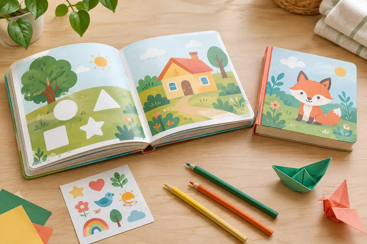 Livres d’activités ouverts et fermés, avec pages épaisses, reliure intacte et autocollants rangés à côté.