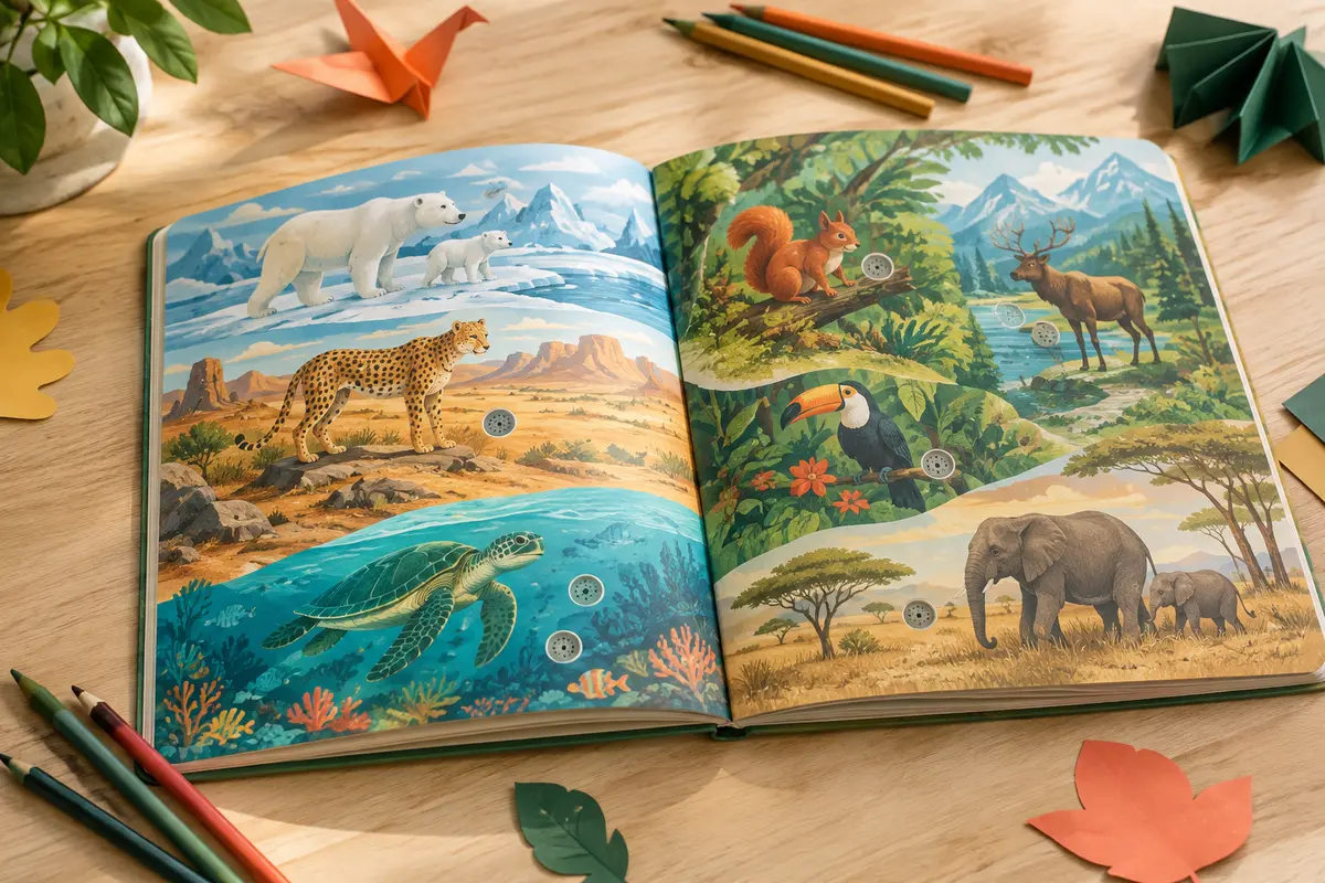 Livre sonore ouvert avec des animaux illustrés et des puces de jeu sur une table en bois clair