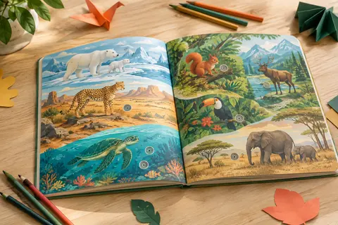 Livre sonore ouvert avec des animaux illustrés et des puces de jeu sur une table en bois clair