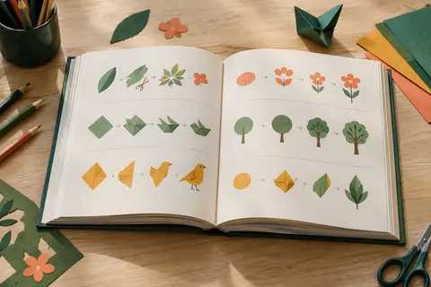 Livre relié ouvert présentant des modèles de dessin en étapes, accompagné de crayons sur une table claire.