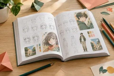 Livre de dessin manga ouvert sur des modèles en étapes, avec un crayon et des crayons de couleur à proximité.
