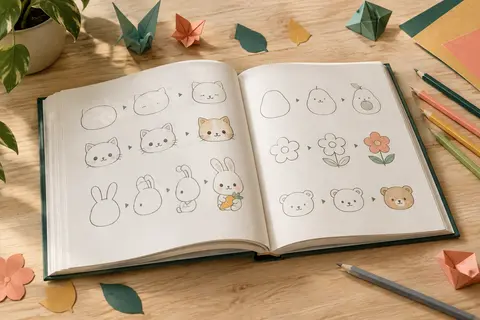 Livre ouvert de modèles de dessin kawaï pas à pas posé sur une table avec un crayon à papier