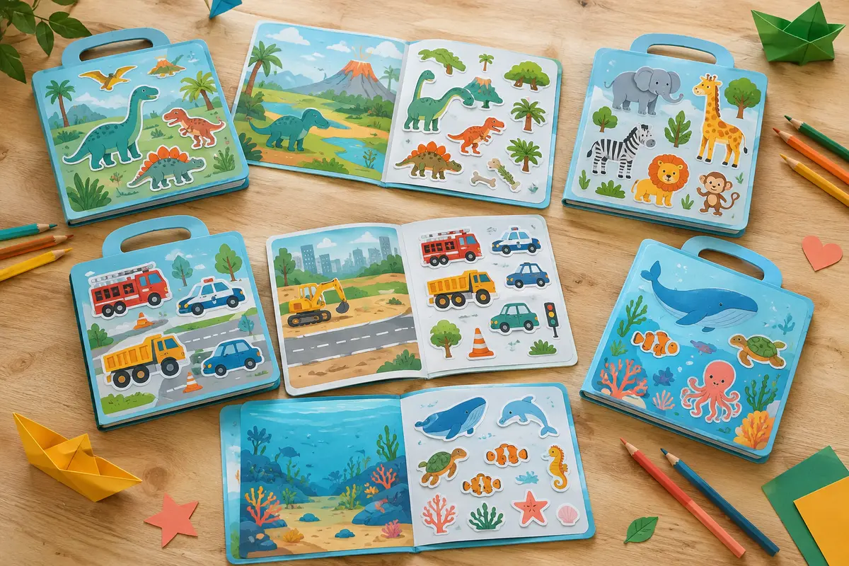 Six livrets bleus d’autocollants réutilisables ouverts sur une table, avec des stickers en relief illustrés.