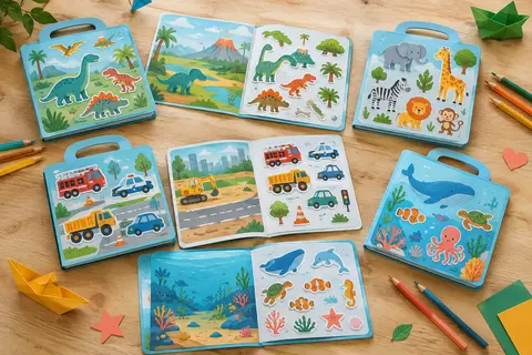 Six livrets bleus d’autocollants réutilisables ouverts sur une table, avec des stickers en relief illustrés.