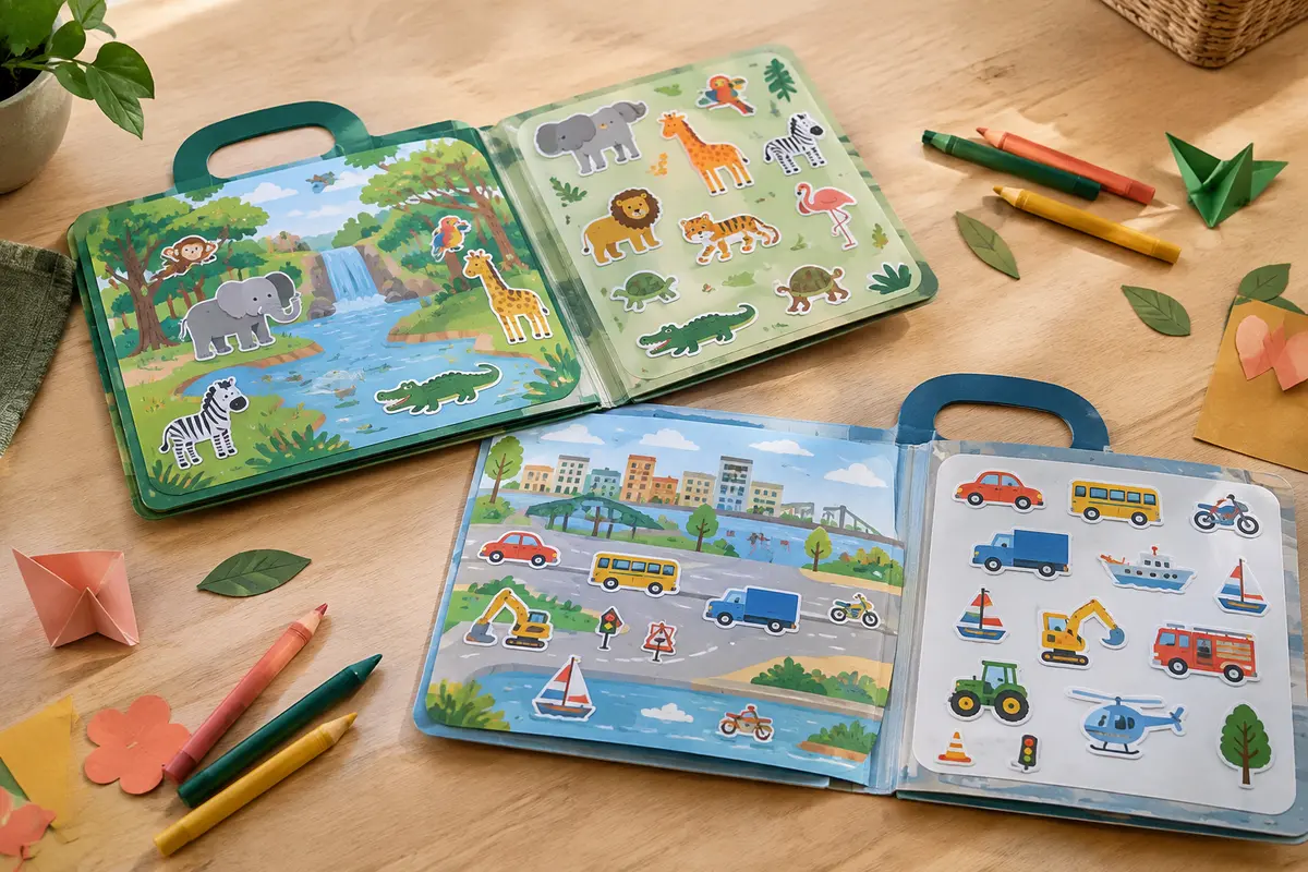Deux livres pliables d’autocollants animaux et véhicules ouverts sur une table en bois clair
