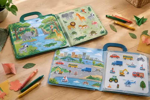 Deux livres pliables d’autocollants animaux et véhicules ouverts sur une table en bois clair